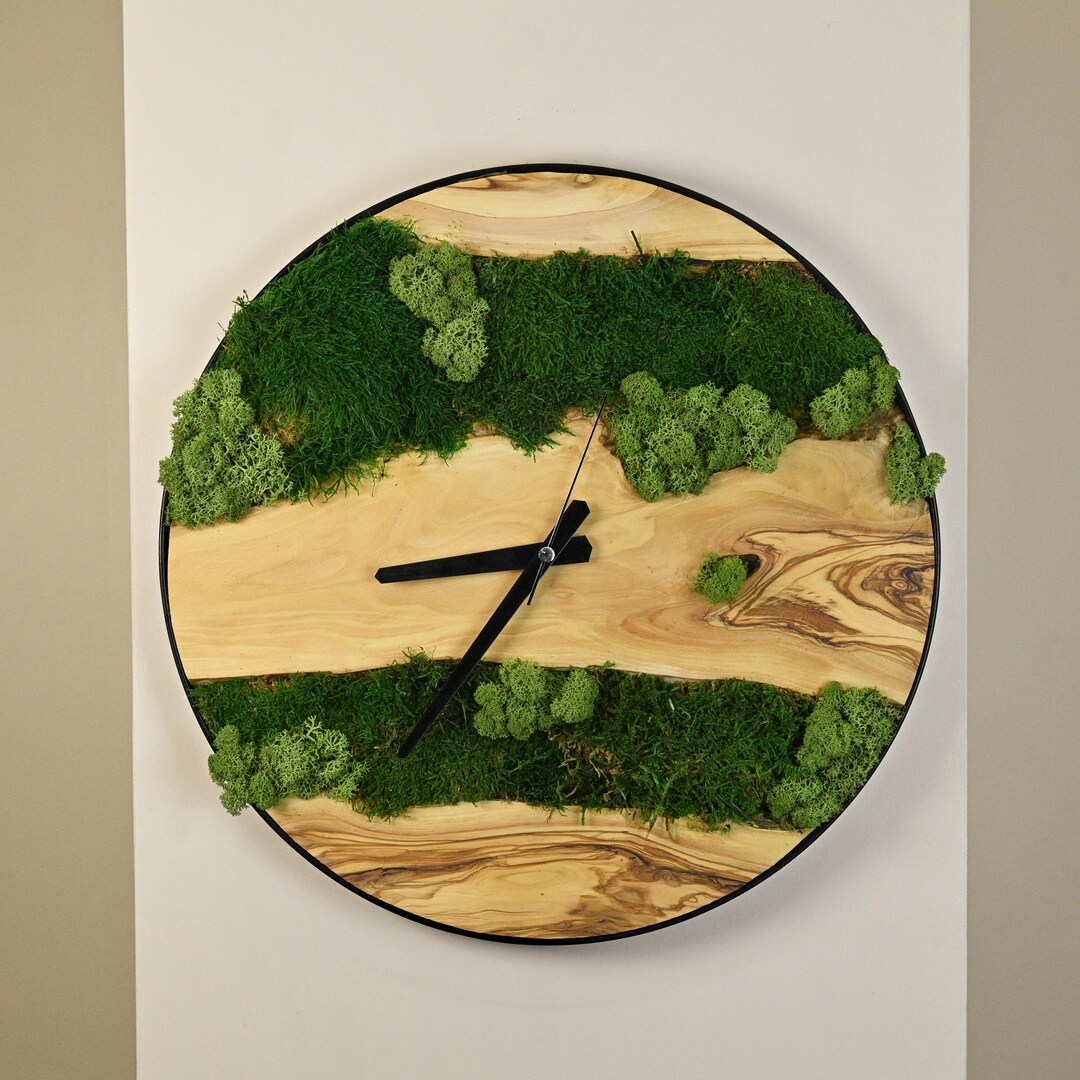 Custom Olive Wood and Moss Wall Clock With Metal Frame, Handmade Round ...