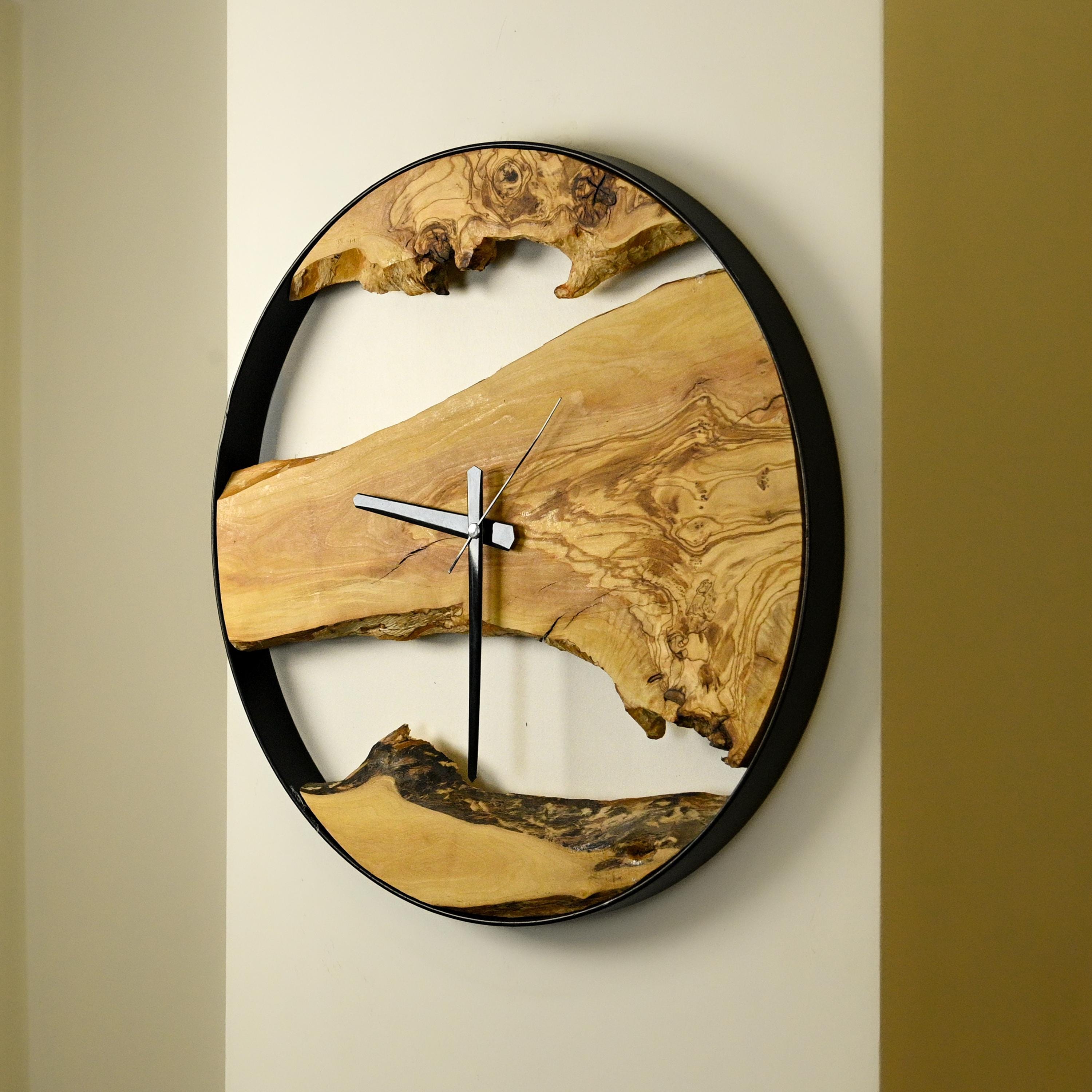 Rustic Timepiece Olive Wood Metal Frame Wall Clock, Handmade Natural Rustic Timepiece ...