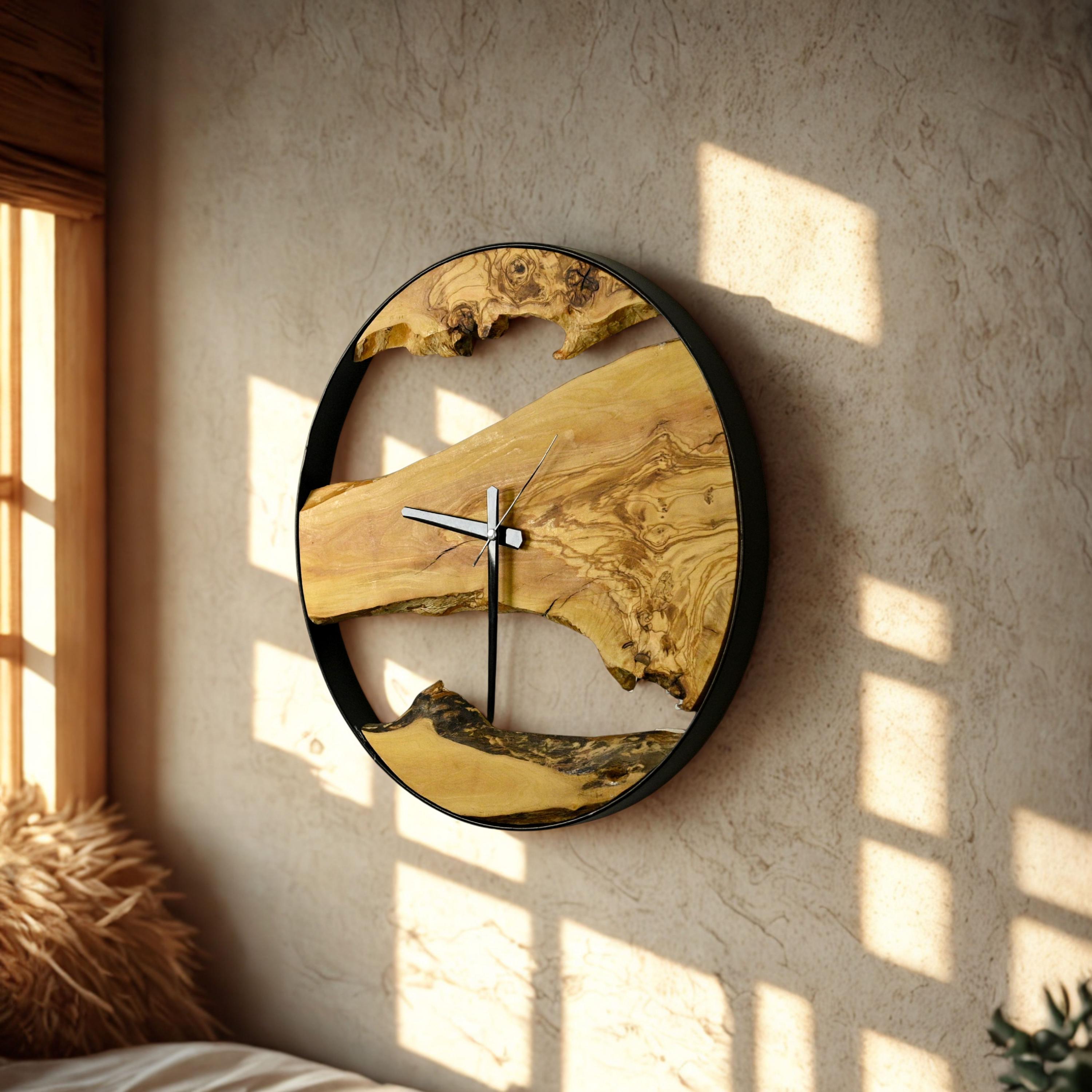 Rustic Timepiece Olive Wood Metal Frame Wall Clock, Handmade Natural Rustic Timepiece ...
