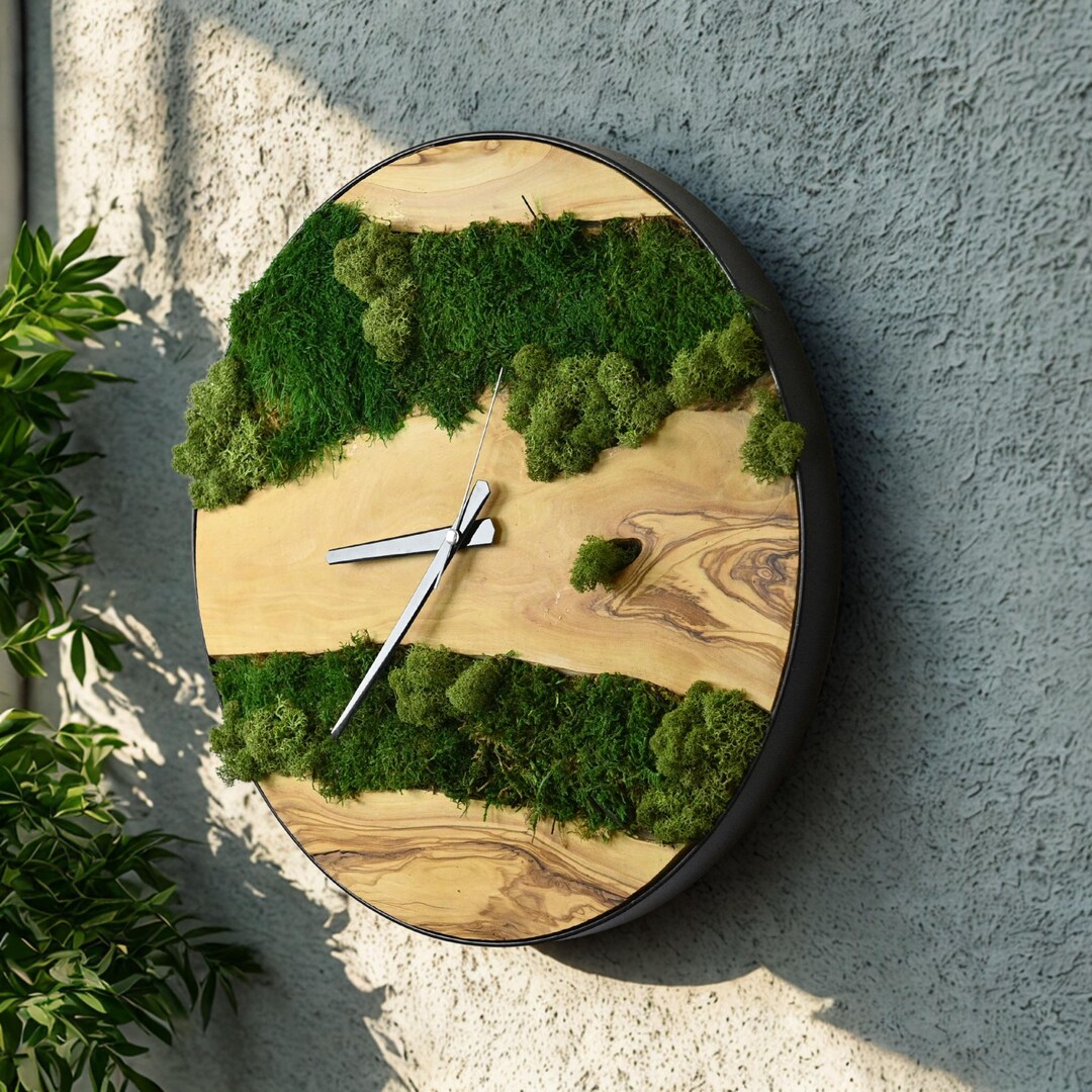 Custom Olive Wood and Moss Wall Clock With Metal Frame, Handmade Round ...