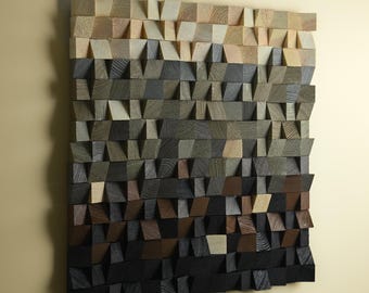 Geometrische 3D-Holzwandkunst - Verlaufsakustikplatte, handgefertigtes strukturiertes Holzmosaik, modernes rustikales Wanddekor, natürliches Statement Kunstwerk