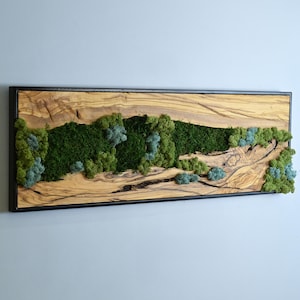 May include: A rectangular wall art piece featuring a natural landscape design. The artwork has a wooden base with a dark frame. Green moss and blue-green plants are arranged to create a natural scene, with a dark green moss river.