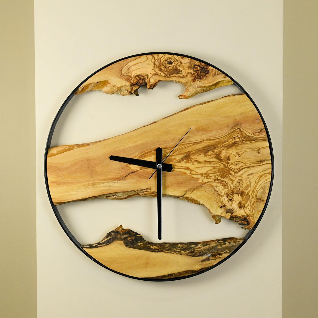 Olive Wood Metal Frame Wall Clock, Handmade Natural Rustic Timepiece ...