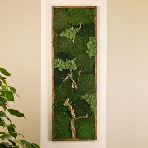 May include: A rectangular wall art piece featuring a vibrant green moss arrangement with various textures and shades. The moss is accented with small, natural-looking branches and encased in a dark brown wooden frame. This piece adds a touch of nature to any space.