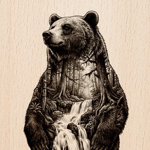 May include: A detailed black and white illustration of a standing bear with a forest and waterfall scene within its silhouette. The image has the text "Burnished Lines" and "LASER READY PNG" at the bottom.