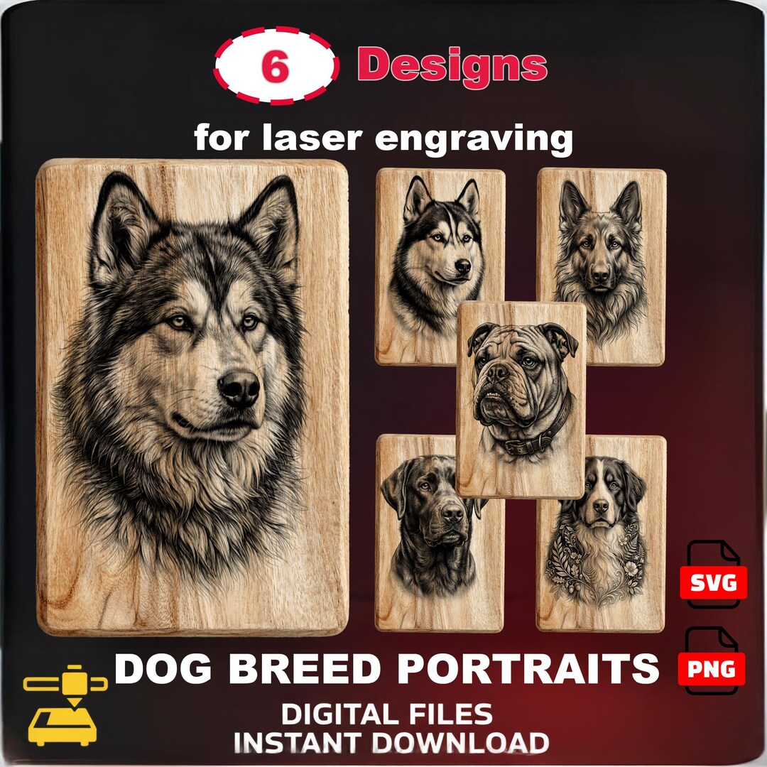 Dog Breed Portraits Laser Engraving SVG PNG Bundle, 6 Pet Digital Files ...