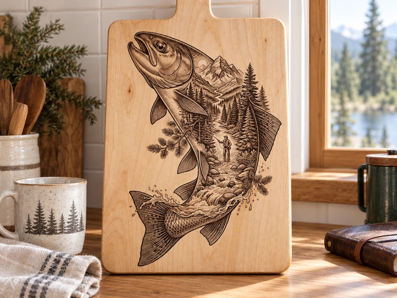 May include: A light-colored wooden cutting board featuring a detailed laser-engraved illustration of a large fish. Inside the fish silhouette is a scenic landscape showing a person fly fishing in a river surrounded by pine trees and mountains.
