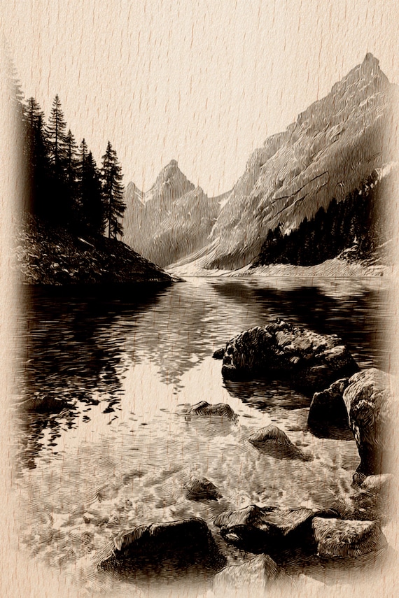 Mountain Lake Landscape Engraving | Serene Nature Scene | Laser