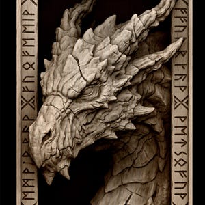 May include: A detailed wooden carving of a dragon's head, framed with runes. The dragon is depicted with textured scales and sharp features. The frame includes engraved text and geometric patterns. The image has a sepia tone, enhancing the antique aesthetic.