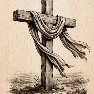 May include: A detailed illustration of a wooden cross with a draped cloth. The cross is set against a backdrop of a field with grass and rocks. The words "Burnished Lines" and "LASER READY PNGS" are visible.