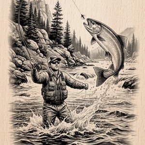 May include: Black and white illustration of a fisherman fly fishing in a river, with a large fish jumping out of the water. The background features trees and mountains. The image includes the text "Burnished Lines" and "LASER READY PNG".