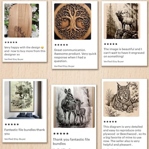 May include: A collection of six customer reviews displayed on a light wood background, each featuring a five-star rating and text. The reviews showcase various wood-engraved designs including a tree, a deer, a boar, and a lynx with its cub.