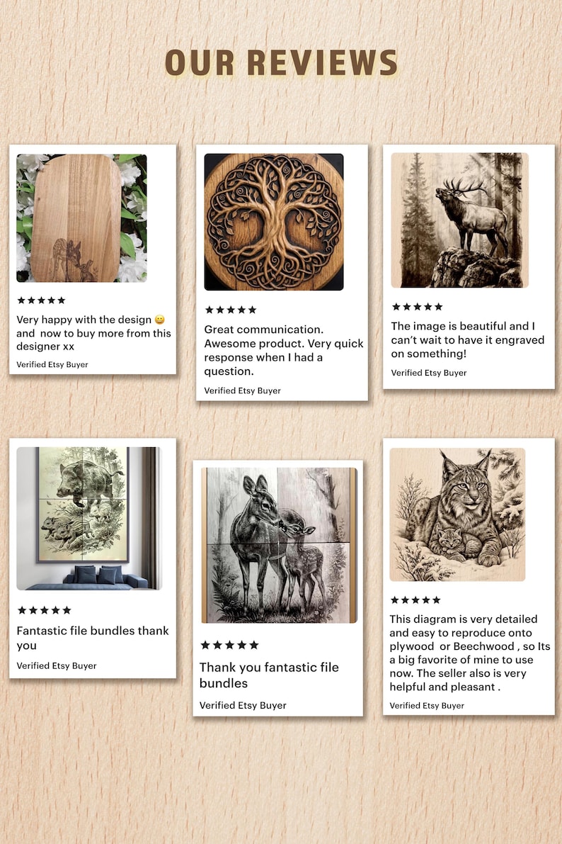 May include: A collection of six customer reviews displayed on a light wood background, each featuring a five-star rating and text. The reviews showcase various wood-engraved designs including a tree, a deer, a boar, and a lynx with its cub.