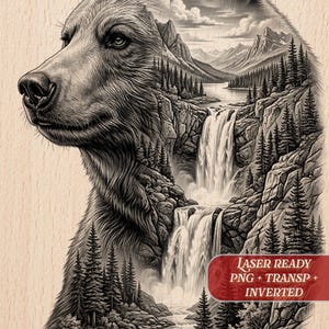 May include: Black and white illustration of a bear's head with a landscape scene inside. The landscape includes waterfalls, mountains, and trees. The image has the text "LASER READY PNG + TRANSP + INVERTED".
