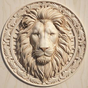 Può includere: Una testa di leone in legno intagliato, centrata in una cornice circolare con motivi a foglie ornate. La criniera e i lineamenti del leone sono resi meticolosamente. Il testo "Burnished Lines" è nell'angolo in alto a sinistra.