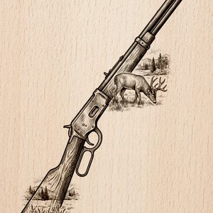 Puede incluir: Ilustración detallada de un rifle con un ciervo en un campo de hierba. El rifle es de diseño de palanca, con detalles de vetas de madera. La imagen es un archivo PNG listo para láser.