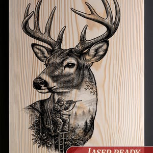 Archivo SVG de ciervo de caza / Plantilla para pirograbado de cazador / Grabado láser Glowforge / Diseño vectorial PNG de arte de vida silvestre monocromático