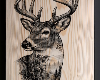 Hunting Deer SVG File | Hunter Wood Burning Template | Glowforge Laser Engraving | Monochromatic Wildlife Art Vector PNG Design