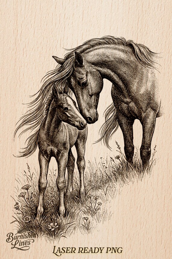 Mare and Foal Laser File | Horse Family Art | Equestrian Engraving