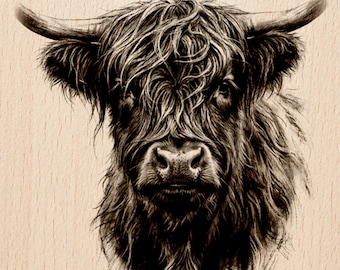Scottish Highland Cow Engraving | Rustic Farm Animal Head Template | Laser Ready File | PNG JPG