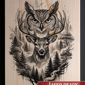 Scena forestale con gufo e cervo / Arte murale naturalistica SVG / Incisione laser Glowforge / Modello PNG in scala di grigi per hobbisti della pirografia