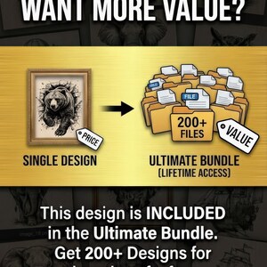 May include: An advertisement graphic with the text "WAIT! WANT MORE VALUE?" A framed bear design is labeled "SINGLE DESIGN" and an arrow points to a bundle of files labeled "ULTIMATE BUNDLE". The text reads "This design is INCLUDED in the Ultimate Bundle. Get 200+ Designs for the price of a few."