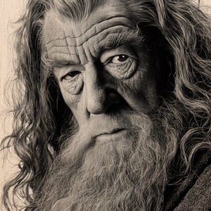 May include: Sepia portrait of a man with long hair and a full beard. The image includes the text "Burnished Lines" in the upper left corner. The man's face is lined, with deep wrinkles and a serious expression.