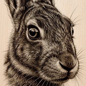 May include: Detailed sepia-toned illustration of a hare's head, showcasing intricate fur textures and expressive eyes. The artwork, labeled "Burnished Lines" and "Laser Ready PNG", captures the animal's features with precision, suitable for art prints or digital designs.