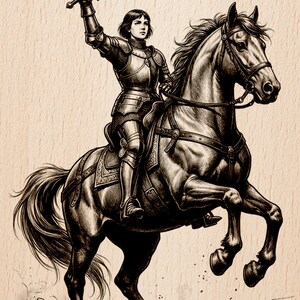 May include: An illustration of a person in full armor on horseback, raising a sword. The horse is rearing up, and the image is rendered in shades of black and white, with a textured background. The artwork evokes a sense of historical valor and strength.
