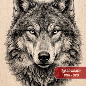 May include: Detailed black and white illustration of a wolf's head, featuring intricate shading and fur texture. The image includes the text "LASER READY PNG + SVG" on a red banner and the "Burnished Lines" logo.