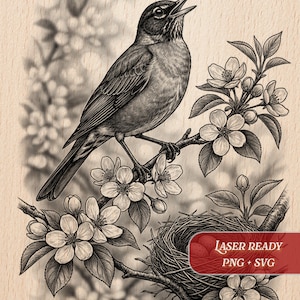 May include: Detailed black and white illustration of a bird perched on a flowering branch, with a nest and the text "Laser Ready PNG + SVG". The artwork has a vintage, botanical feel, with the "Burnished Lines" logo.