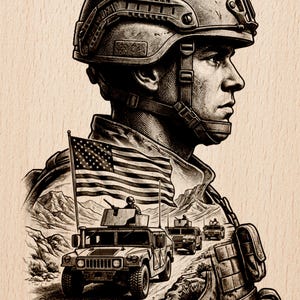 Puede incluir: Ilustración detallada de un soldado con casco, con vehículos militares y una bandera estadounidense. El texto "LASER READY PNG" se encuentra en la parte inferior de la imagen.