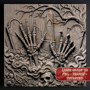 May include: A 3D relief carving design featuring two skeletal hands emerging from the ground in a graveyard setting with tombstones, a central obelisk with the text Epitaph, a skull, and bare tree branches. Includes a red overlay with text.