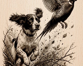 Springer Spaniel Flushing Pheasant | Hunting Slate Art | Laser Engrave File | PNG