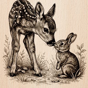 May include: A detailed black and white illustration of a fawn and a rabbit in a grassy setting. The fawn, with spotted fur, is nuzzling the rabbit. The image includes the text "Burnished Lines" and "LASER READY PNG".
