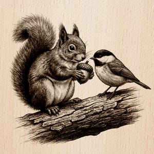 May include: A detailed monochrome illustration of a squirrel holding an acorn, facing a small bird perched on a tree branch. The image has a woodcut style, with the text "Burnished Lines" and "LASER READY PNG" at the bottom.