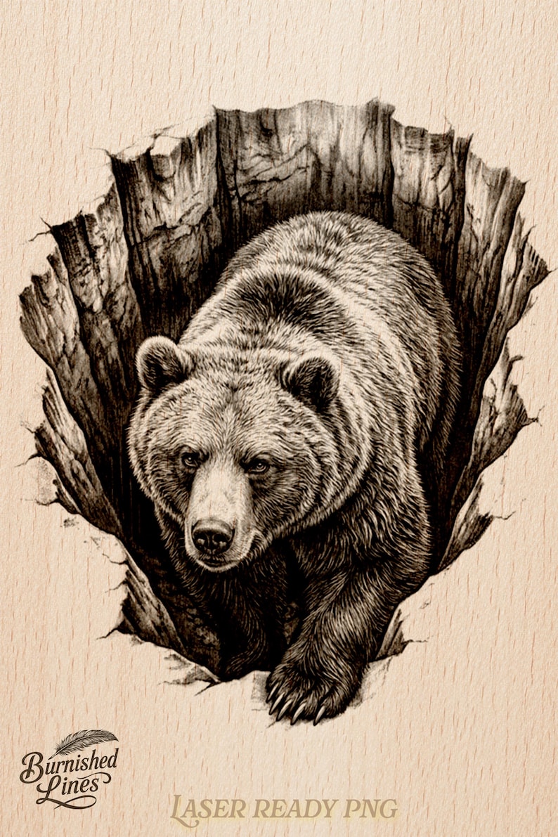 K&ouml;nnte beinhalten: Schwarz-Wei&szlig;-Illustration eines B&auml;ren, der aus einem Loch in einem Baum kommt. Das Fell des B&auml;ren ist strukturiert. Der Text "Burnished Lines" und "LASER READY PNG" ist vorhanden.