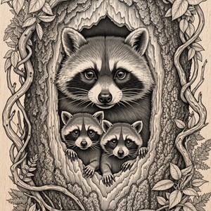 May include: Monochrome illustration of a raccoon family in a tree hollow. A large raccoon and two smaller ones are visible, all with characteristic masks. The image is framed by tree branches and leaves, with the text "Burnished Times" in the upper left corner.