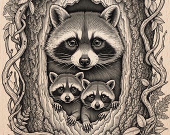Raccoon Family Laser Engraving Design | Pyrography Art (PNG)