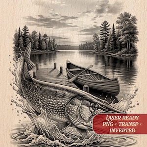 Muskie Fish Lake Scene | Fishing Wall Art | Laser Engraving Pyrography | PNG Digital Template