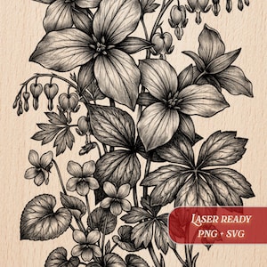 Pode incluir: Ilustração botânica detalhada em preto e branco com várias flores e folhagens. A imagem inclui flores grandes com múltiplas pétalas, flores delicadas em forma de coração e flores menores semelhantes às violetas. O design é rotulado como "Laser Ready PNG + SVG" e "Burnished Lines."