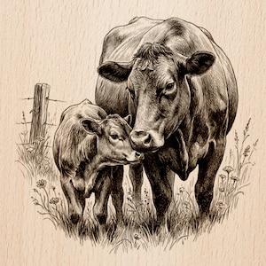 May include: A detailed pen and ink illustration of a cow and calf in a grassy field, with a wooden fence post in the background. The cow and calf are touching noses. The text "Burnished Lines" and "LASER READY PNG" are at the bottom.