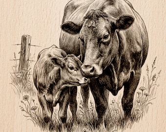 Cow and Calf Sketch | Rustic Farmhouse Decor | Laser Engrave PNG | Wood Burn Art