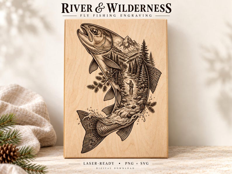 May include: A rectangular wooden plaque featuring a laser-engraved illustration of a leaping fish. Inside the fish silhouette is a detailed scene of a person fly fishing in a river surrounded by pine trees and mountains. Text reads RIVER & WILDERNESS.