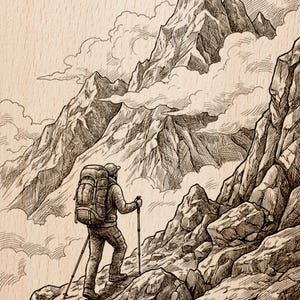 May include: A detailed pen and ink illustration depicts a hiker ascending a rocky mountain path. The hiker, wearing a backpack and using trekking poles, is set against a backdrop of towering peaks and swirling clouds. The artwork is rendered in shades of brown and beige.