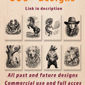 May include: A collection of eight black and white pencil-style illustrations on a light wood background. The images feature firefighters, a horse, a flute player, a person in a hat, a raccoon, a dog, a bear, and cows. Text reads: BUY MORE - PAY LESS 300+ designs Link in decription All past and future designs Commercial use and full acces WHOLE SHOP.