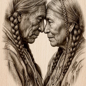 以下が含まれることがあります： 2人の老人のセピア色の絵。額が触れ合っている。どちらも長い三つ編みの髪型で、伝統的な衣装を着ている。この画像は、詳細な線と陰影で、親密さとつながりの感覚を呼び起こします。