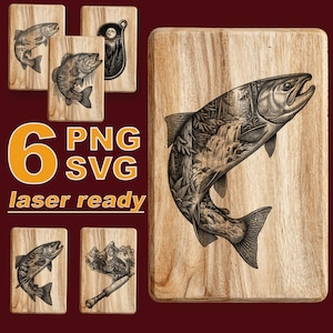 May include: A collection of six rectangular wooden boards featuring laser-engraved illustrations of fish, forest landscapes, and fishing gear. The text 6 PNG SVG laser ready is displayed in large orange and white lettering on the left side.