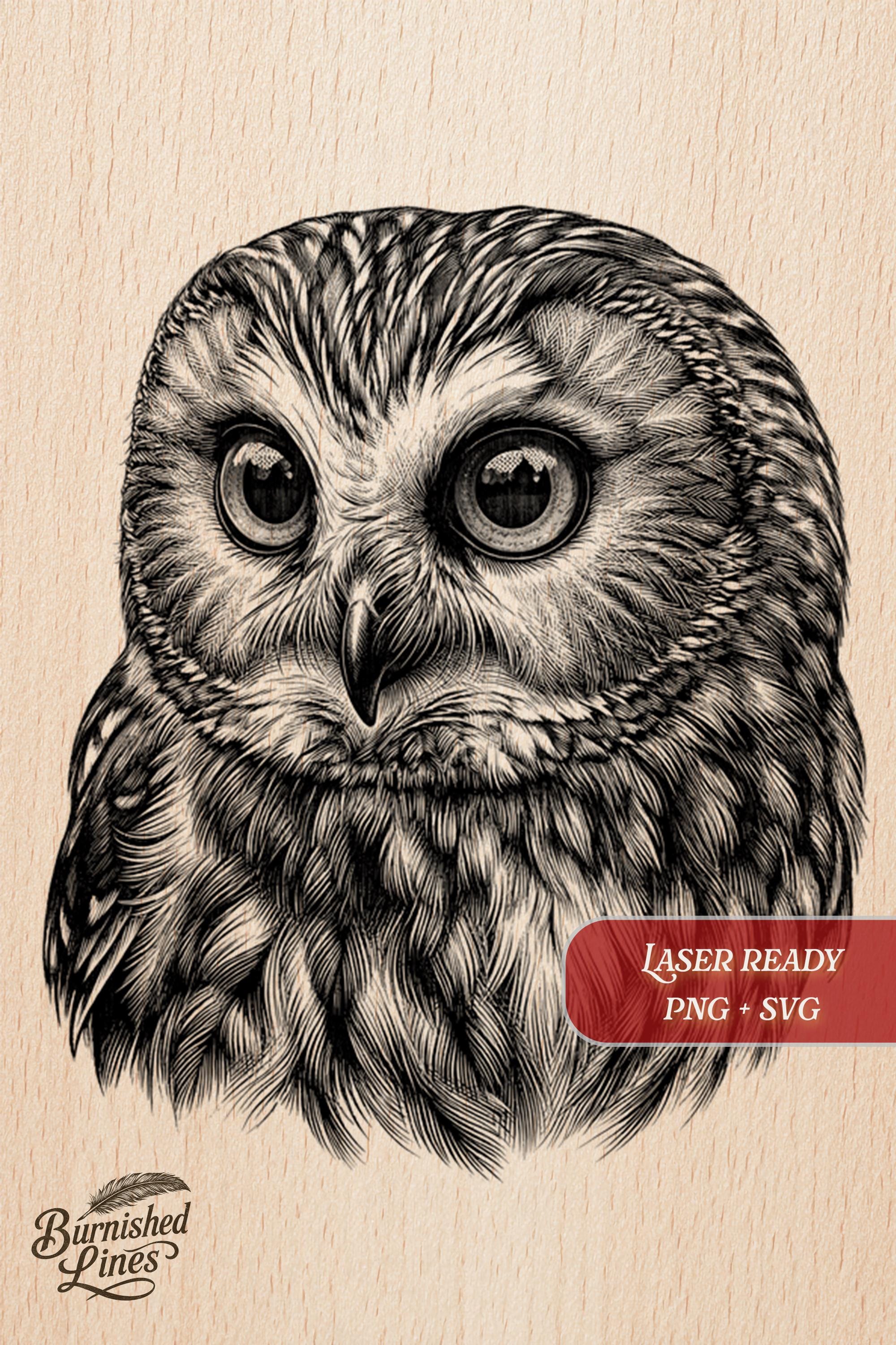 Owl Face Close-Up Portrait Detail | Laser Engraving PNG | Wood Burning Template | File