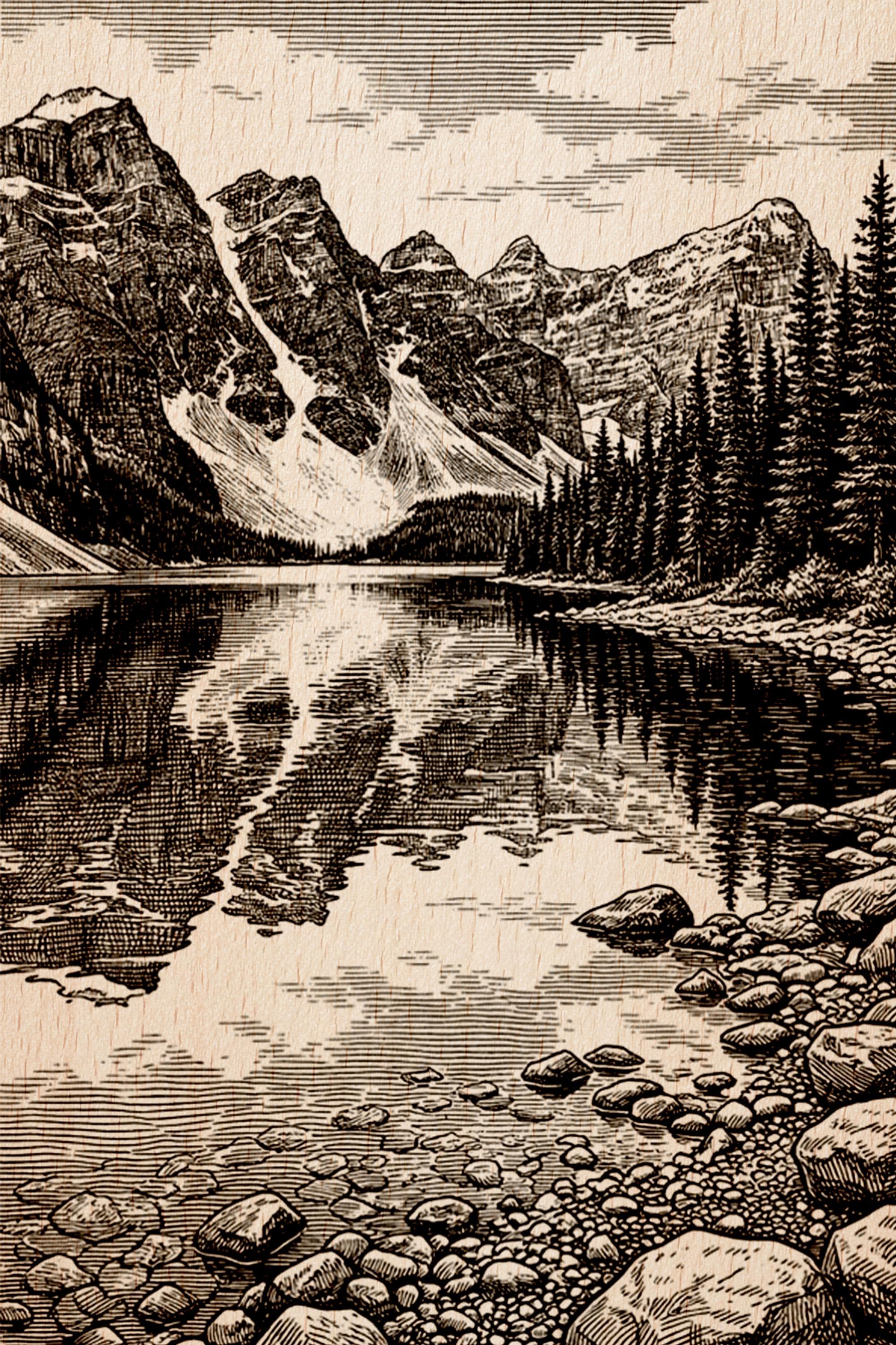 Vertical Mountain Lake Engraving | Majestic Pine Forest & Peaks